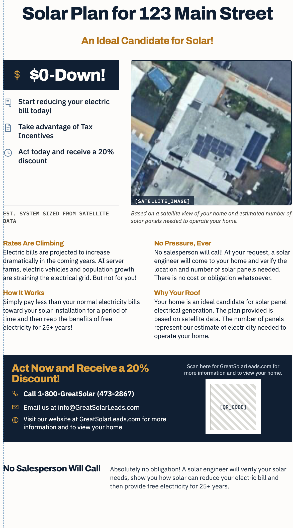Sample Great Solar Plan mailer showing a satellite view of a home with estimated solar panel layout and plan details